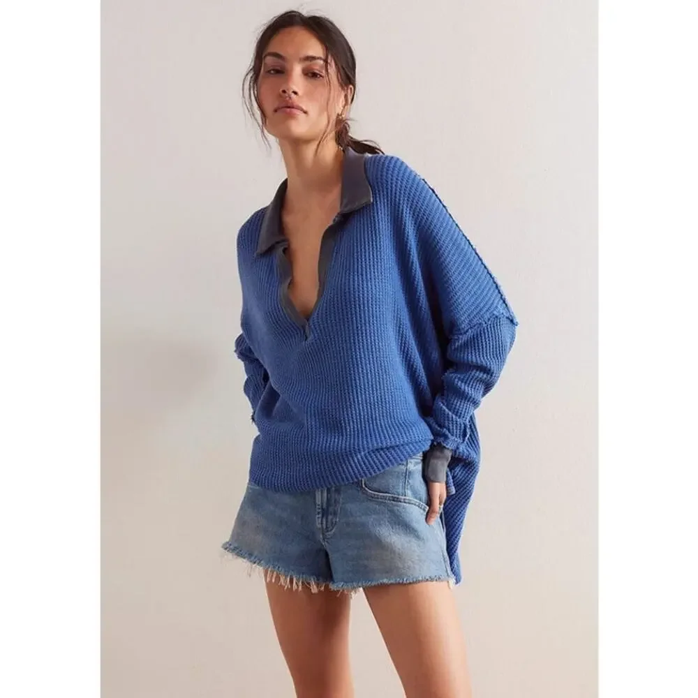 Free People Women's Travis Waffle Knit Polo Sweater Blue Size S NWOT